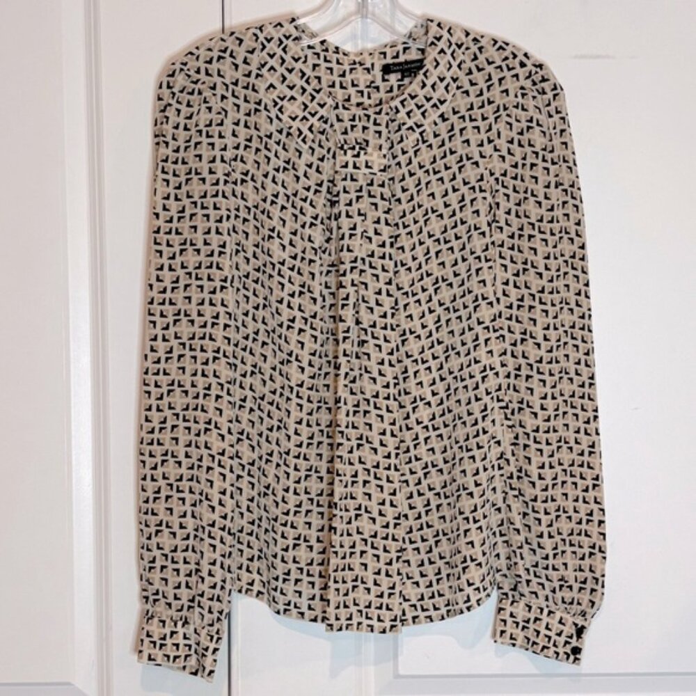 Tara Jarmon Tan Black Geo Print Silk Long Sleeve Blouse 42/M